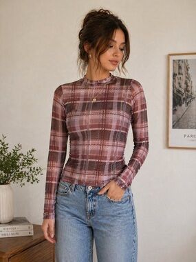 Willow + Root Plaid Mesh Mock Neck Top Size L Sheer Stretch Long Sleeve Y2K